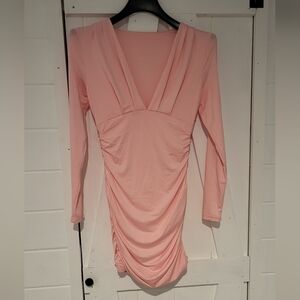 Pink Lonsleeve Ruched Bodycon Mini Cocktail Dress S